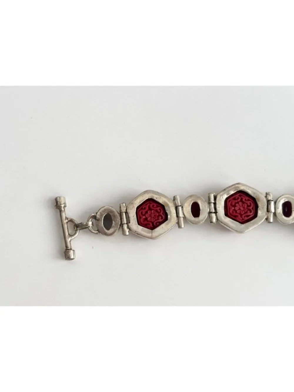 Cinnabar Hand Carved Sterling Silver Octagon Vintage Chainlink 925 Bracelet